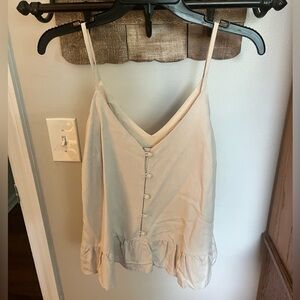 Tan V-Neck Button Tank with Ruffle Bottom. Size, S